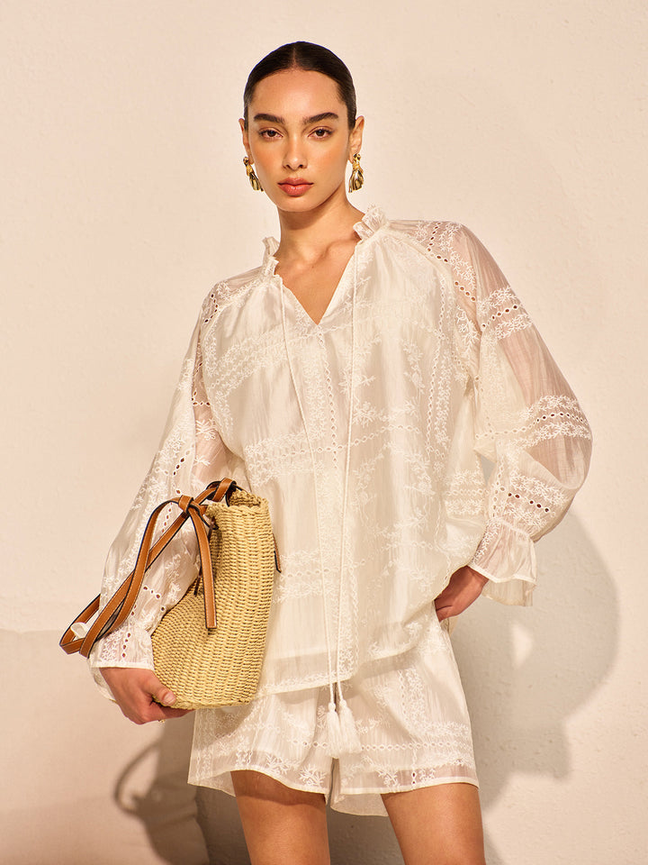 Two-piece women's set with embroidery – oversized blouse & shorts