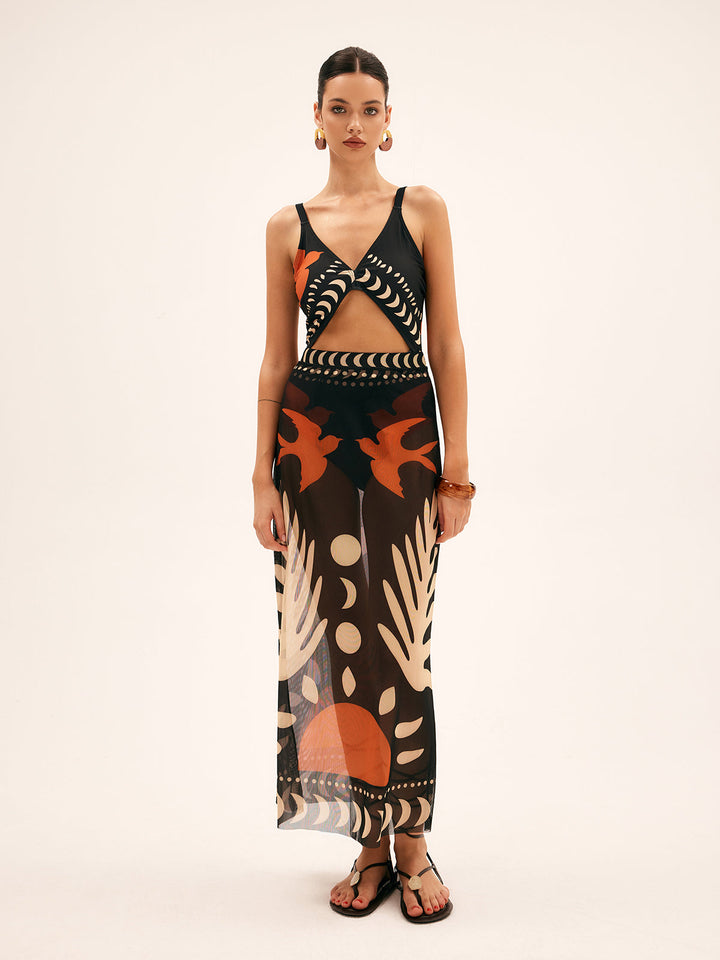 Airy maxi skirt with bird print – mesh beach cover-up
