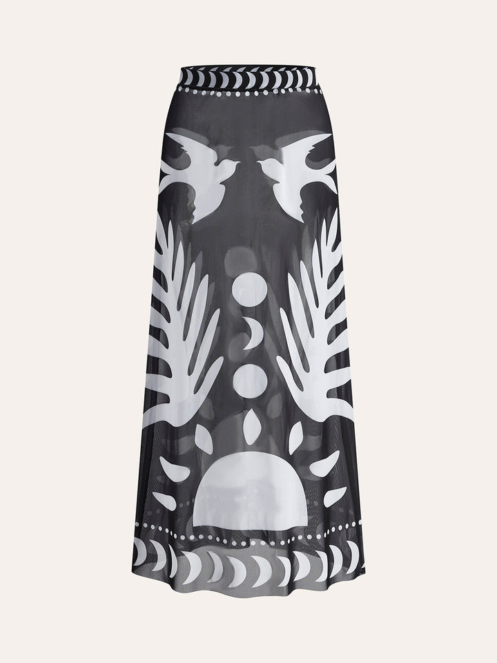 Airy maxi skirt with bird print – mesh beach cover-up