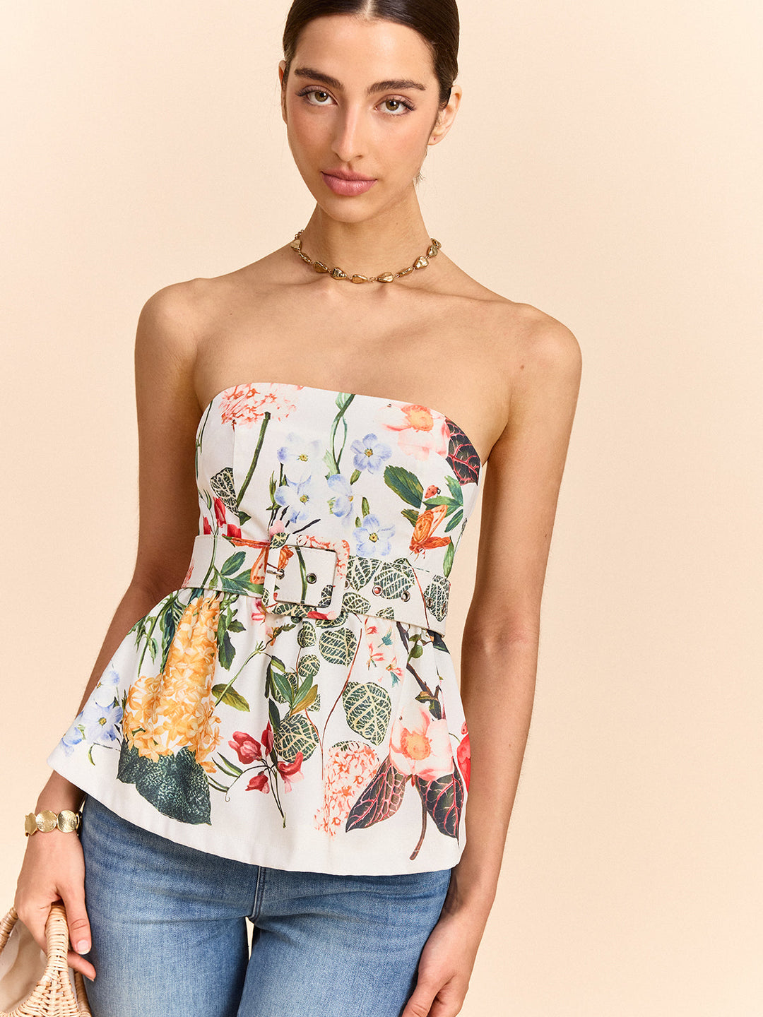 Off-shoulder floral peplum top with belt – summer blouse