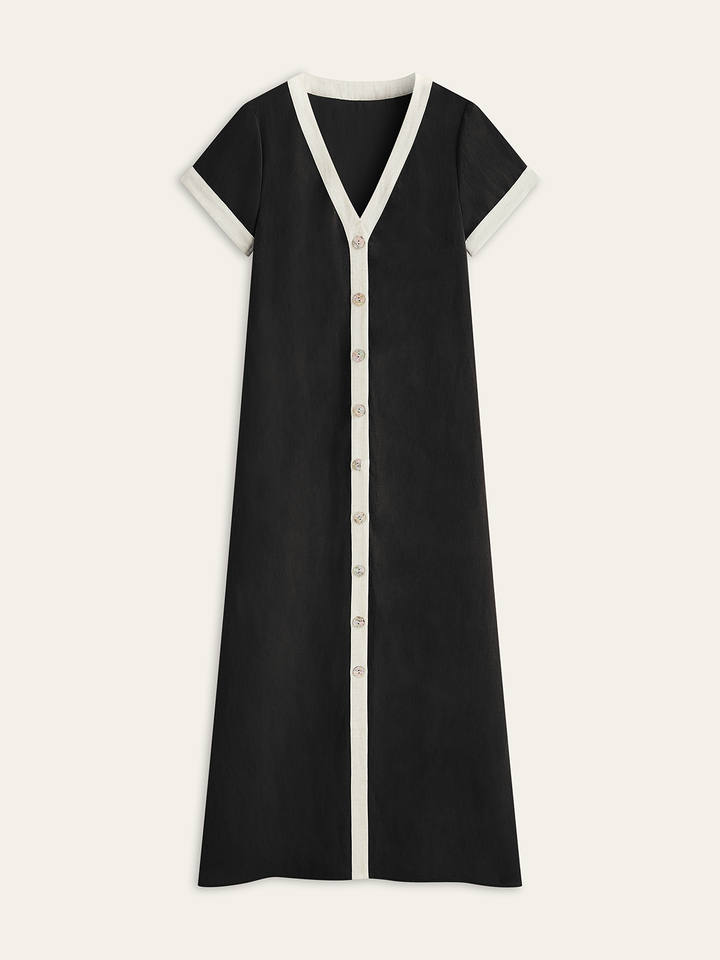 Linen blend maxi dress with high slit & contrast trim – summer style