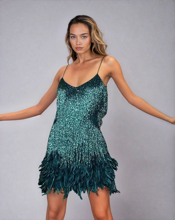 Festive feather mini dress with glitter & waist belt – party dress