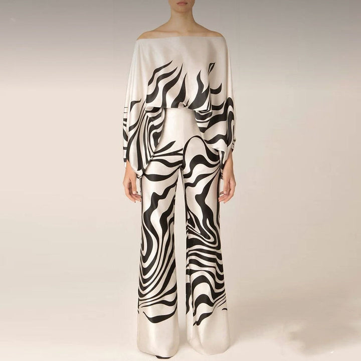 Elegant Women's Two-Piece Satin Set – Off-Shoulder Top & Wide Pants