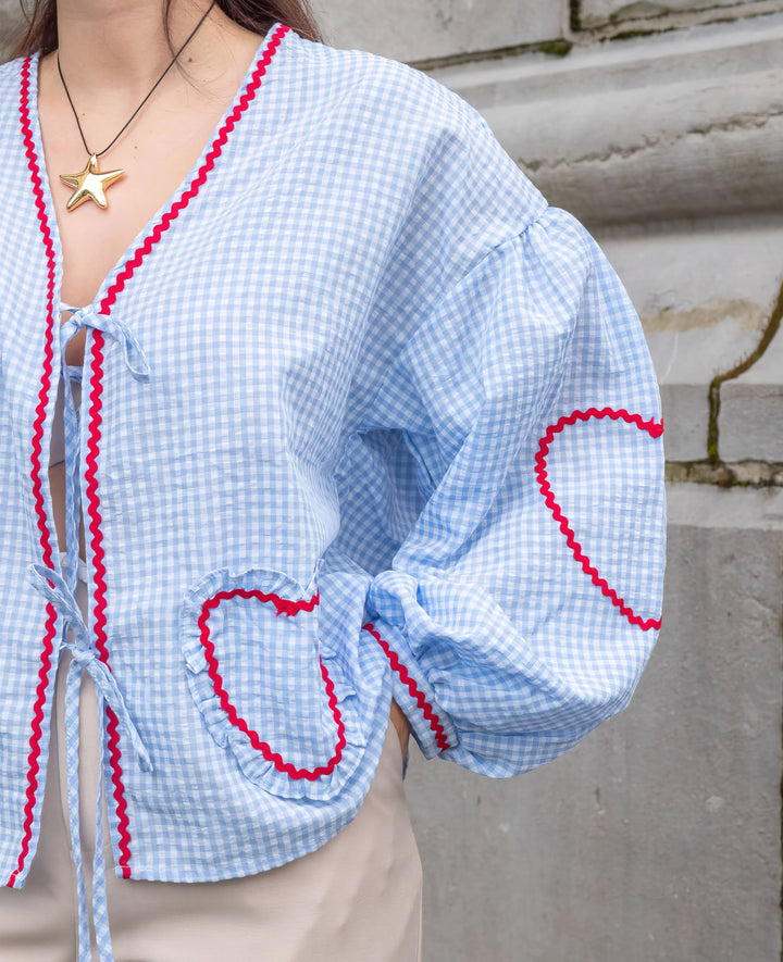 Women's Gingham Blouse – Loose Fit with Ruffles & Bow
