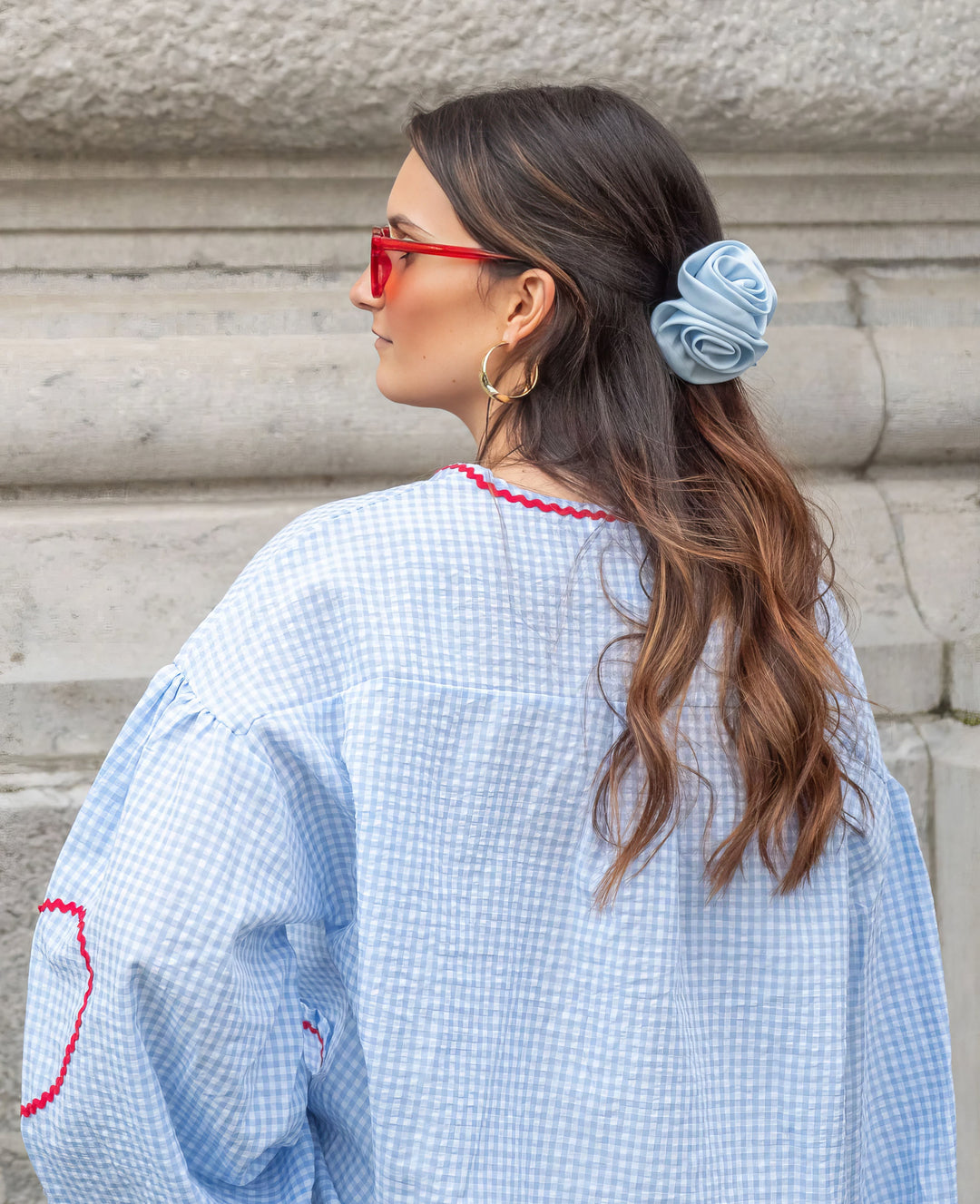 Women's Gingham Blouse – Loose Fit with Ruffles & Bow
