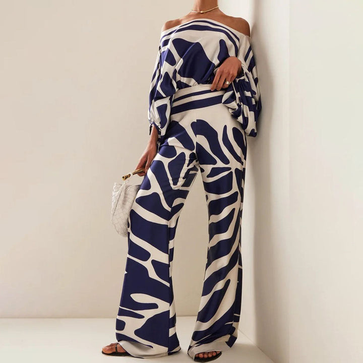 Elegant Women's Two-Piece Satin Set – Off-Shoulder Top & Wide Pants