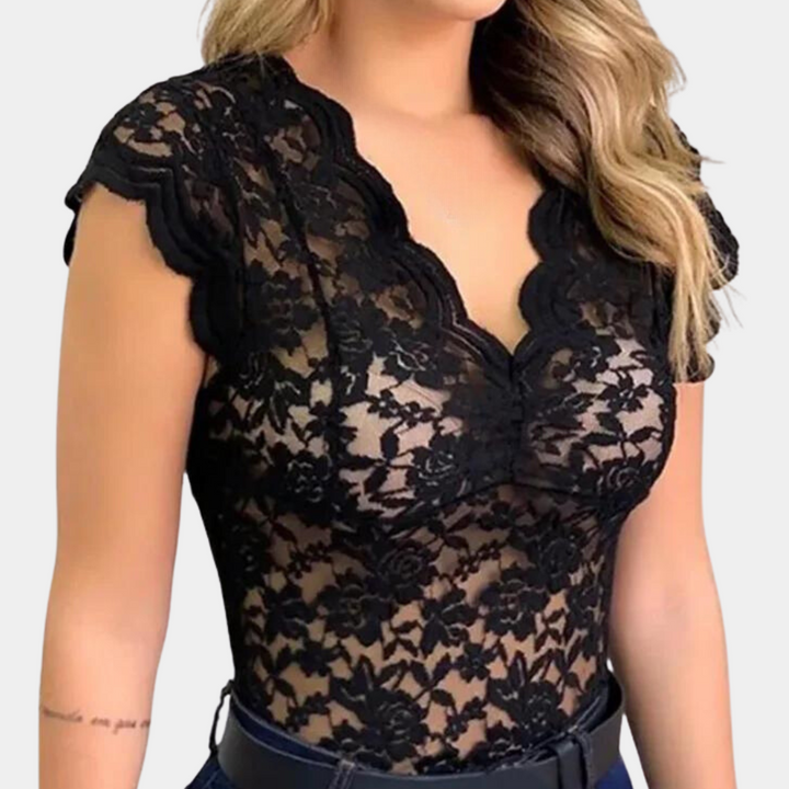 Women's lace bodysuit with deep V-neckline and mesh insert