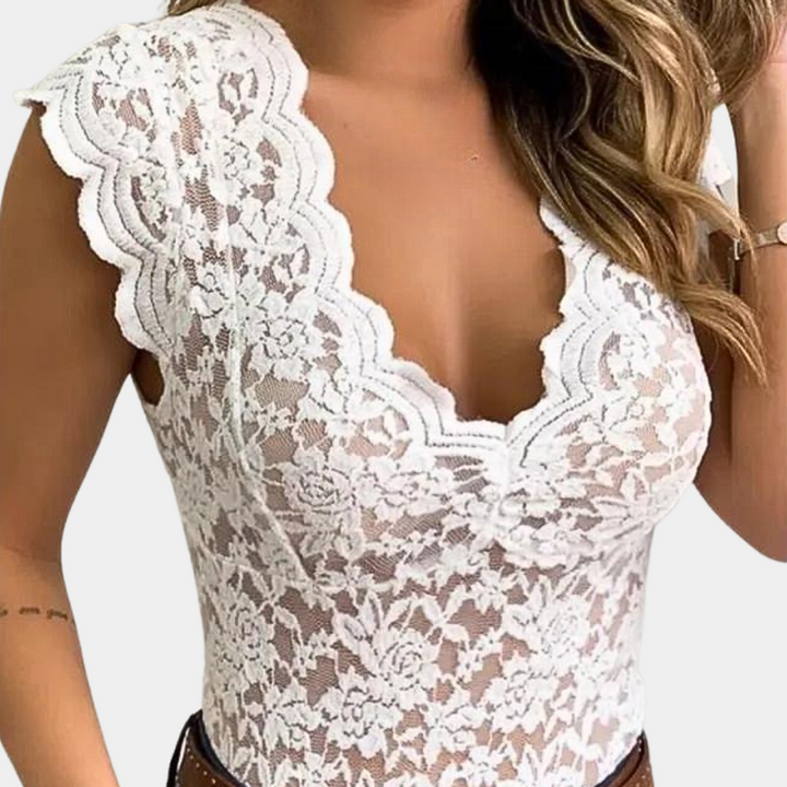 Women's lace bodysuit with deep V-neckline and mesh insert