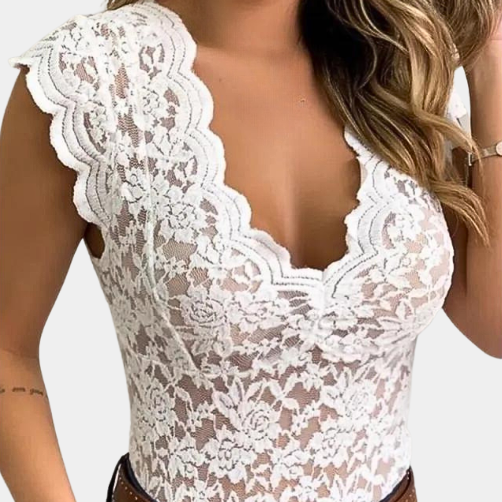 Women's lace bodysuit with deep V-neckline and mesh insert