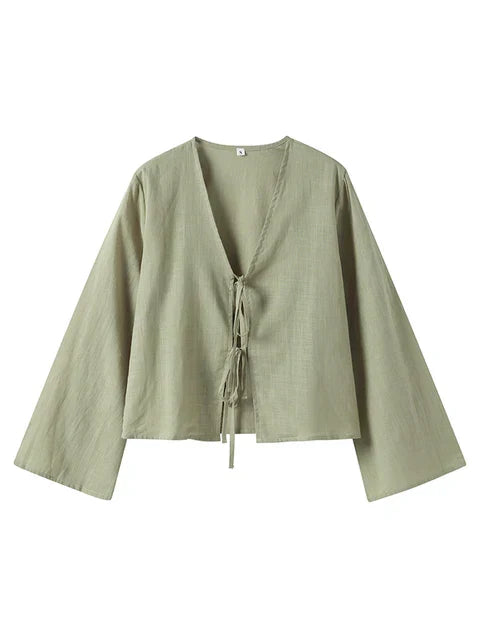 Women's satin wrap blouse with tie – Elegant crossover front