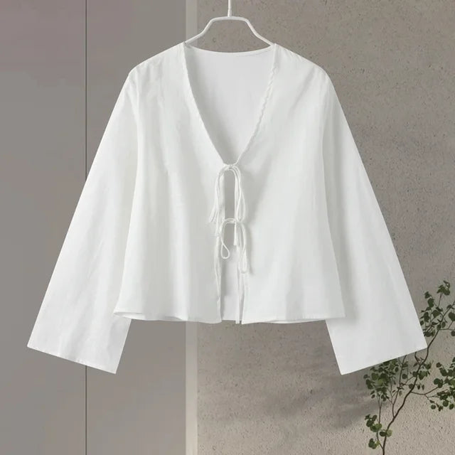 Women's satin wrap blouse with tie – Elegant crossover front