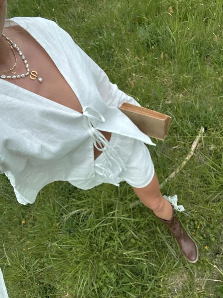 Women's satin wrap blouse with tie – Elegant crossover front