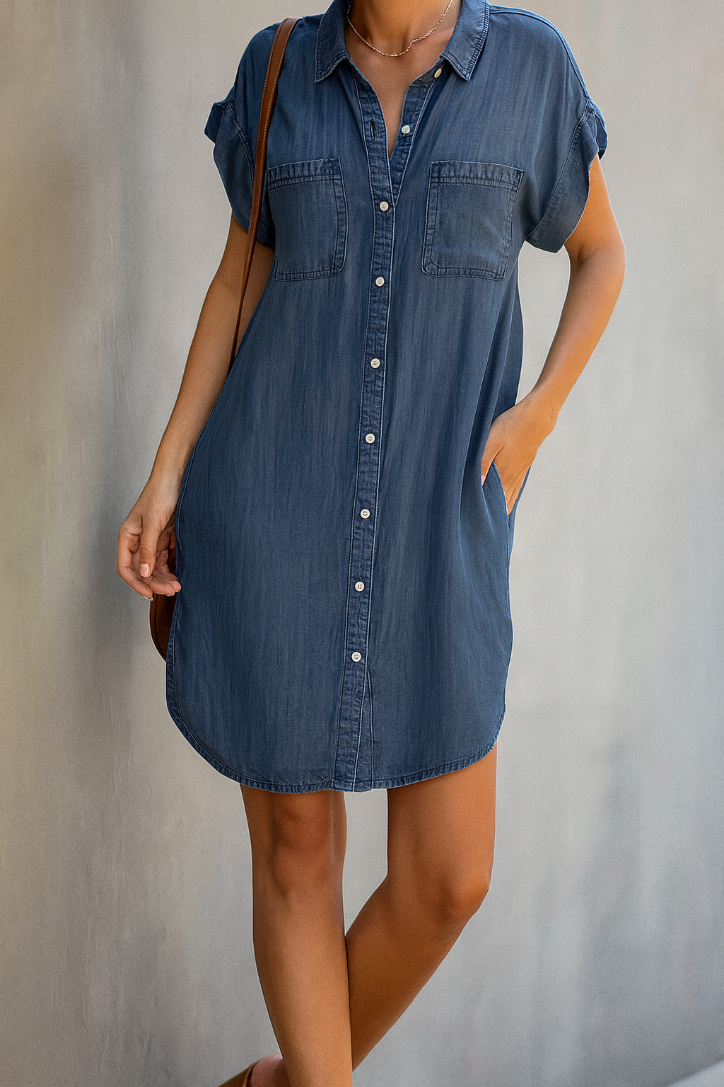 Maxi denim dress women – summer dress with button placket & chest pockets