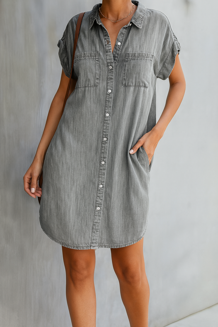 Maxi denim dress women – summer dress with button placket & chest pockets