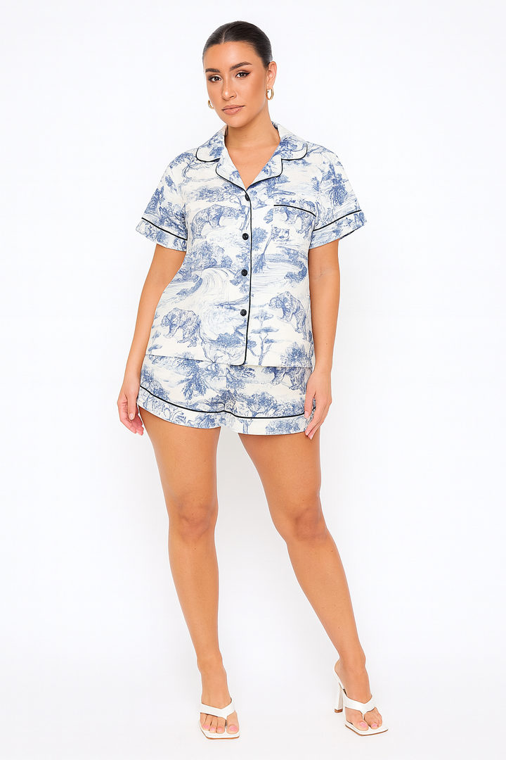 Women's shorts set with print and contrast trim – summer co-ord