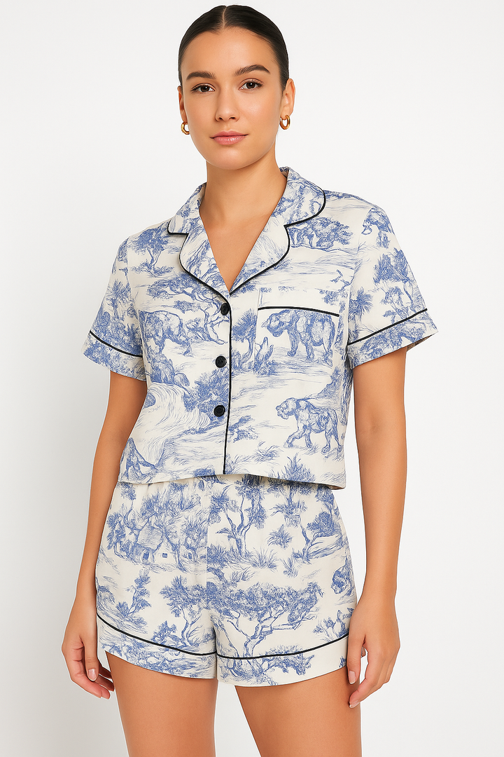 Women's shorts set with print and contrast trim – summer co-ord