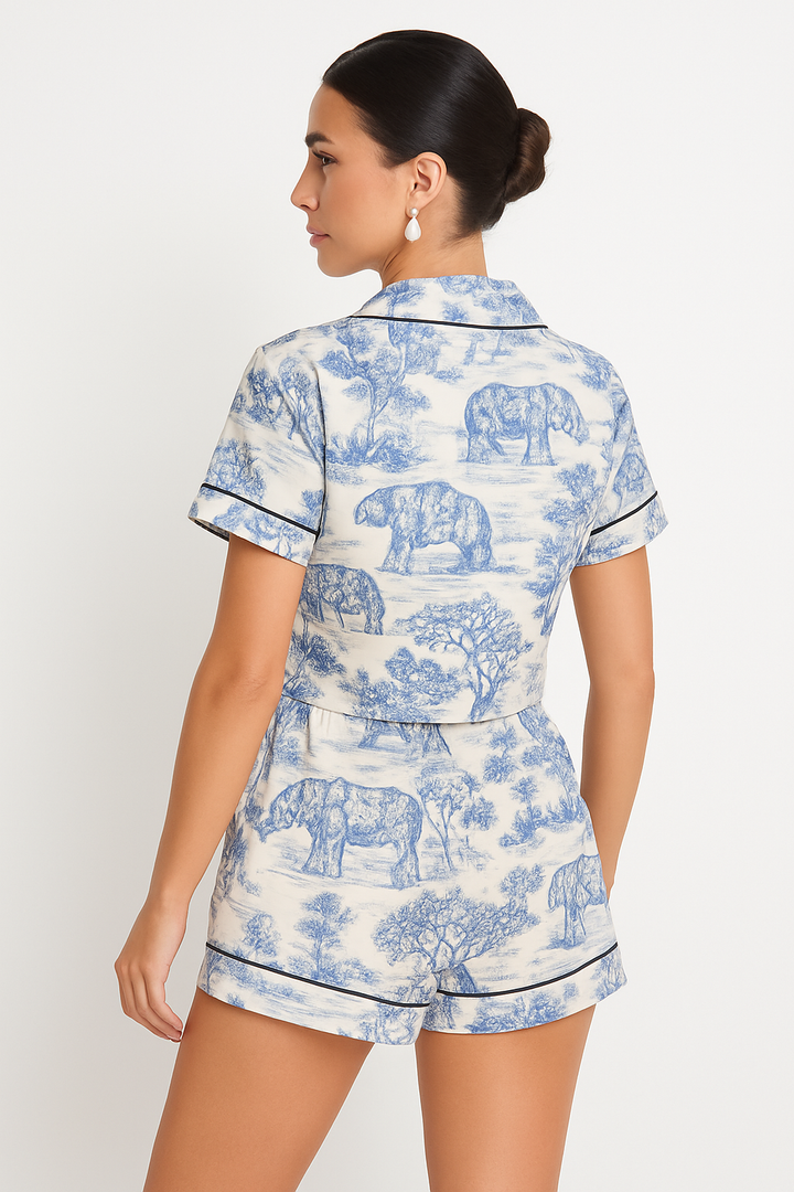 Women's shorts set with print and contrast trim – summer co-ord