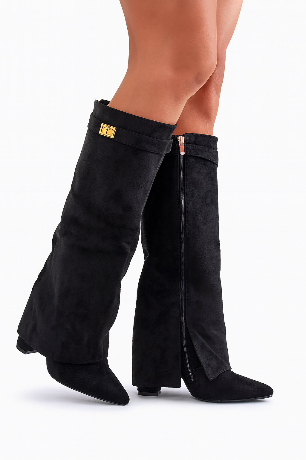 Knee-high women's boots with block heel & flap – vegan leather & suede