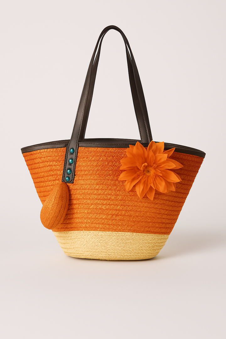 Grande sac en paille pour femmes – Sac de plage fait à la main avec des poignées en cuir vegan