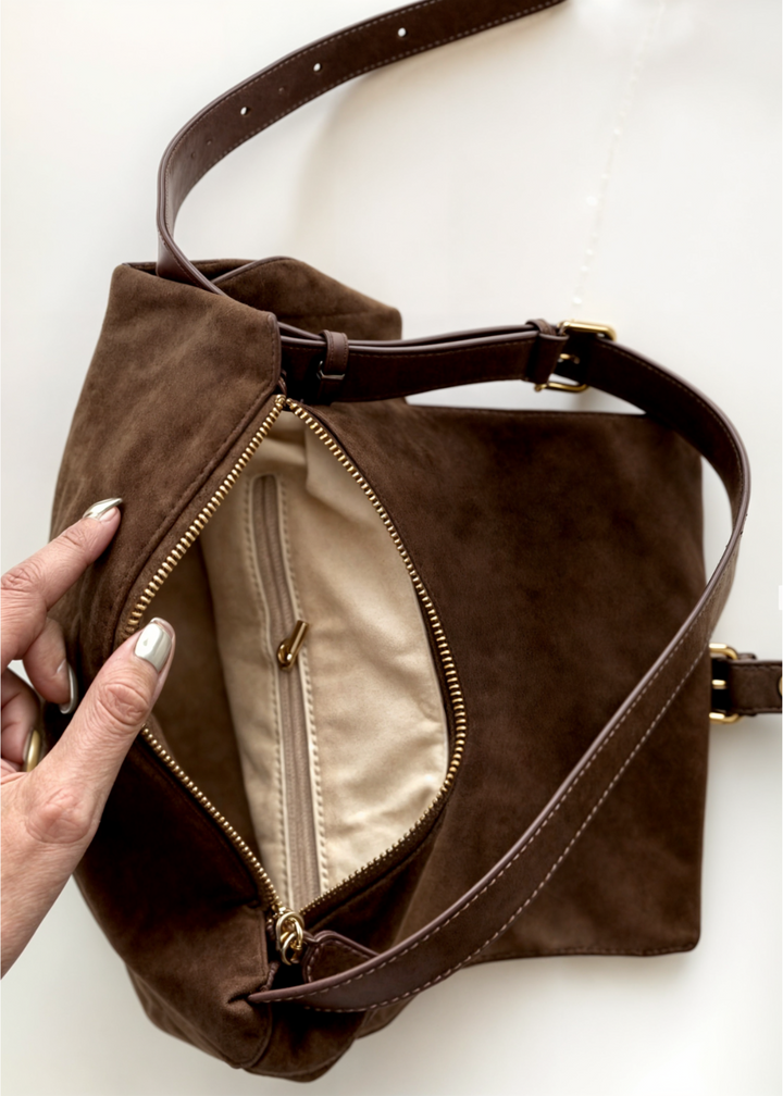 Women's Suede Shoulder Bag – Vegan Crossbody Bag Brown Compact