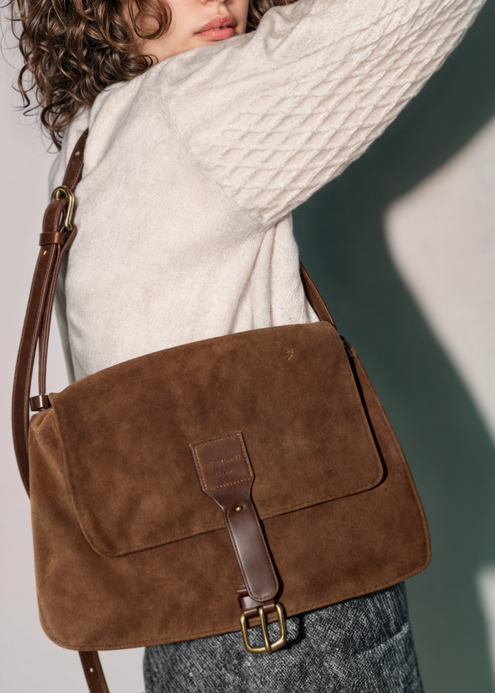 Women's Suede Shoulder Bag – Vegan Crossbody Bag Brown Compact