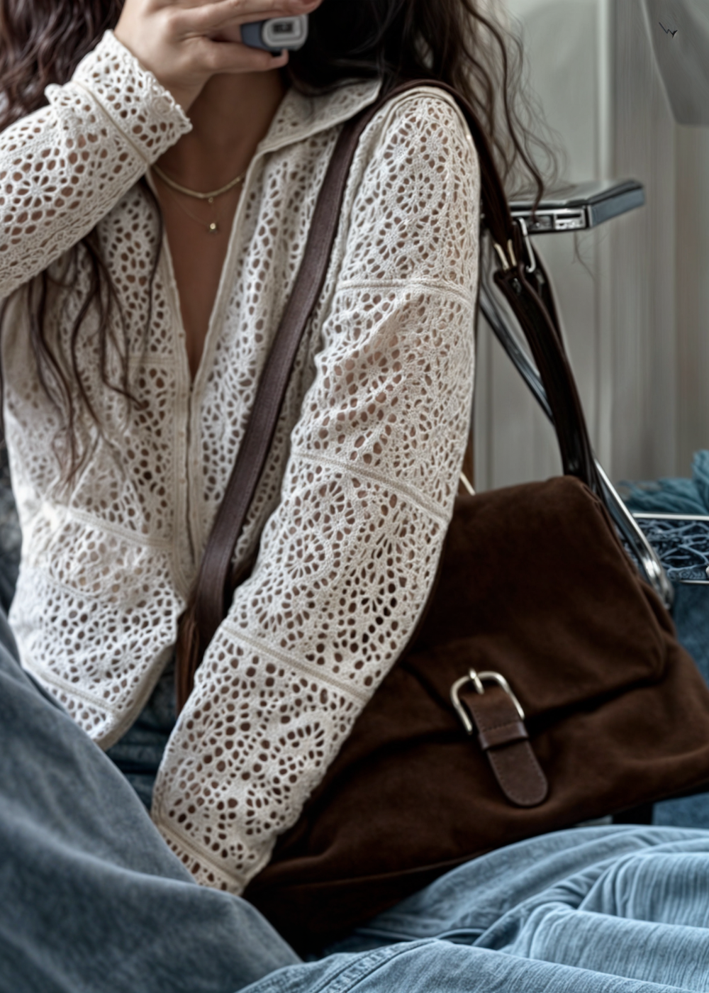 Women's Suede Shoulder Bag – Vegan Crossbody Bag Brown Compact