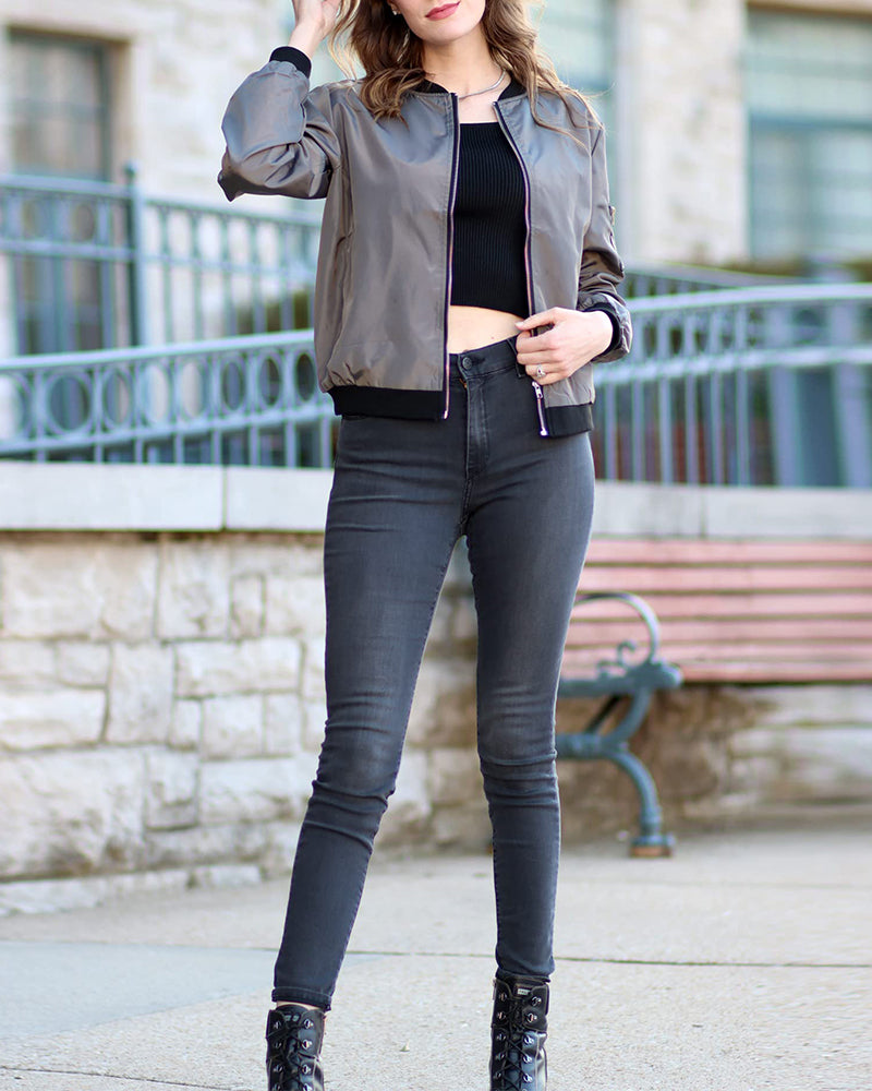 Casual women's bomber jacket – lightweight transitional jacket with zipper
