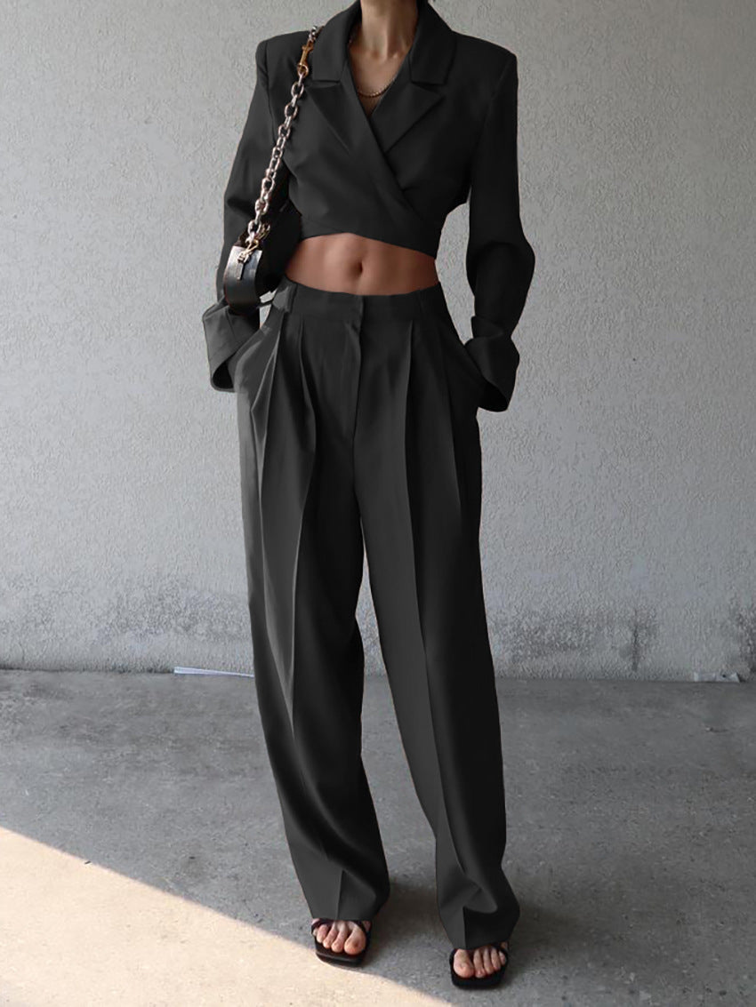 Women's Suit Set Cropped Blazer and Wide Pants High-Quality Fabric