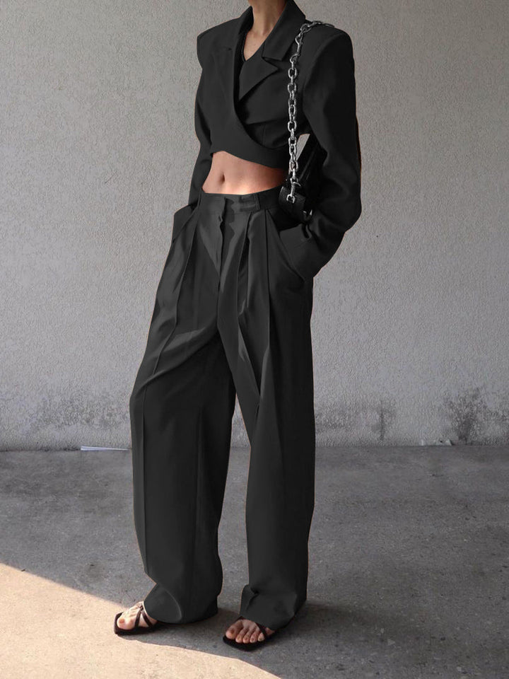 Women's Suit Set Cropped Blazer and Wide Pants High-Quality Fabric