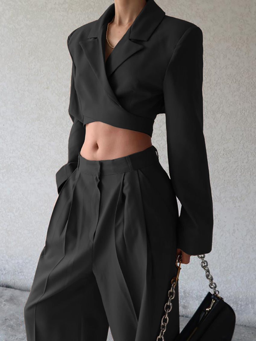 Women's Suit Set Cropped Blazer and Wide Pants High-Quality Fabric