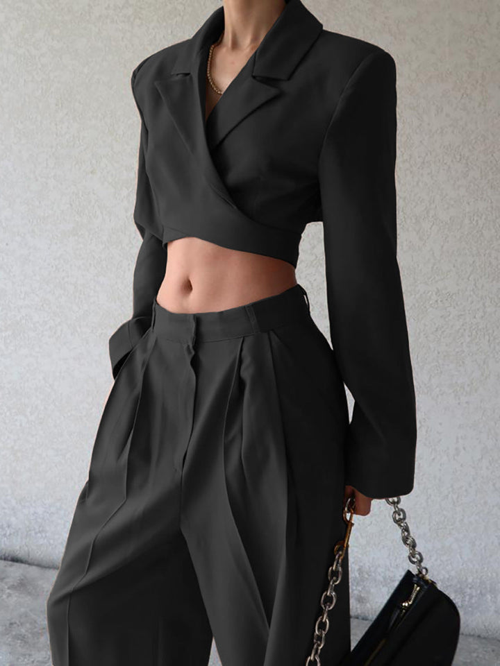Women's Suit Set Cropped Blazer and Wide Pants High-Quality Fabric