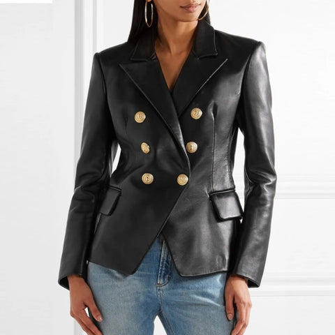 Women's Blazer Vegan Leather With Buttons – Elegant Black Blazer for Versatile Outfits