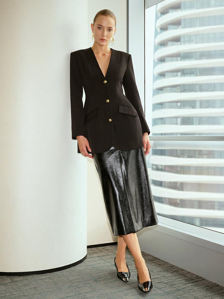 Women's Blazer V-Neck – Elegant, Woven Fabric with Metal Buttons