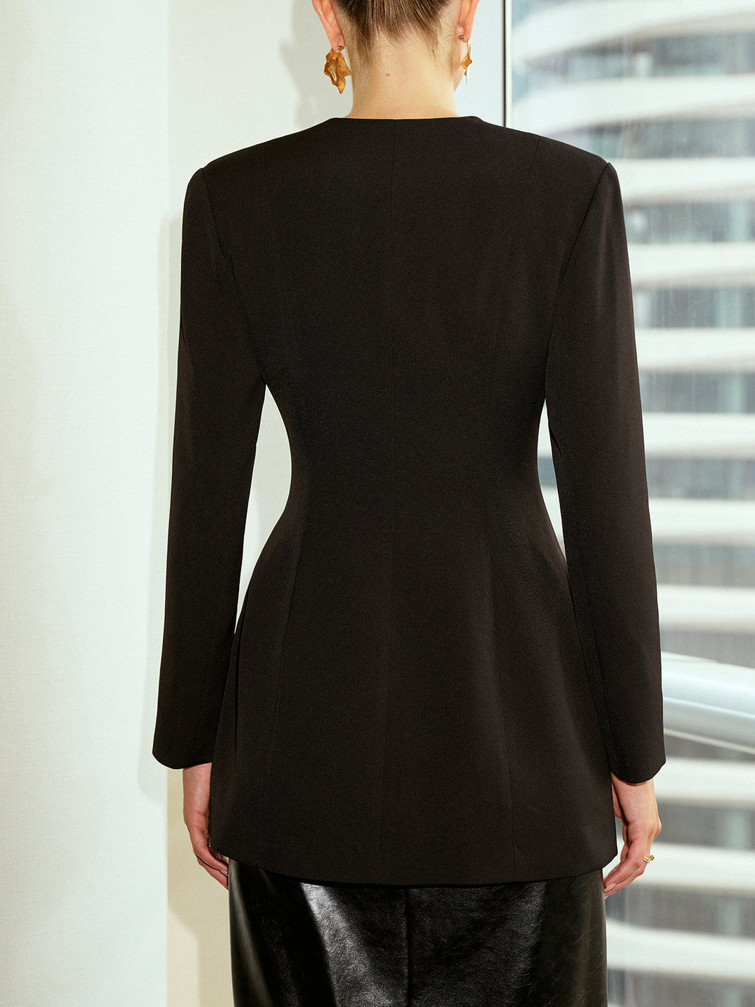 Women's Blazer V-Neck – Elegant, Woven Fabric with Metal Buttons