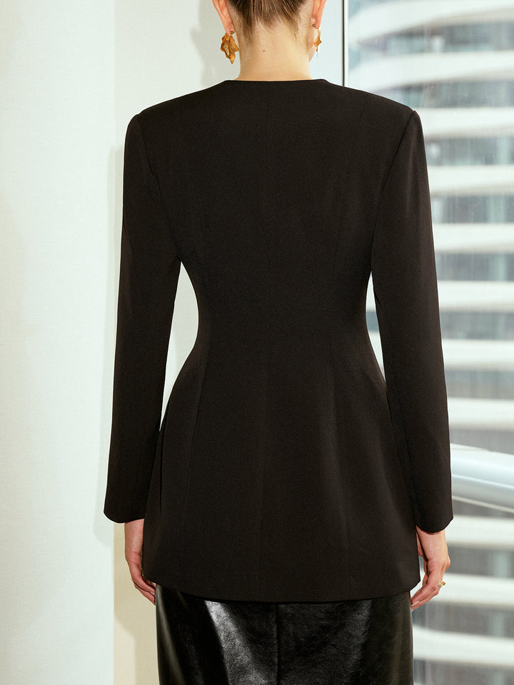 Women's Blazer V-Neck – Elegant, Woven Fabric with Metal Buttons