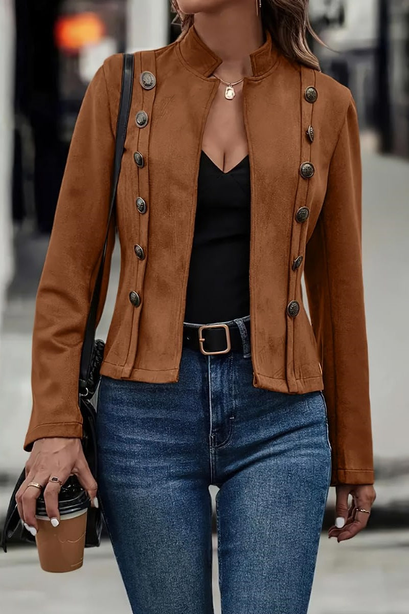 Women's Blazer Suede Imitation Fitted Cropped Jacket with Stand-up Collar