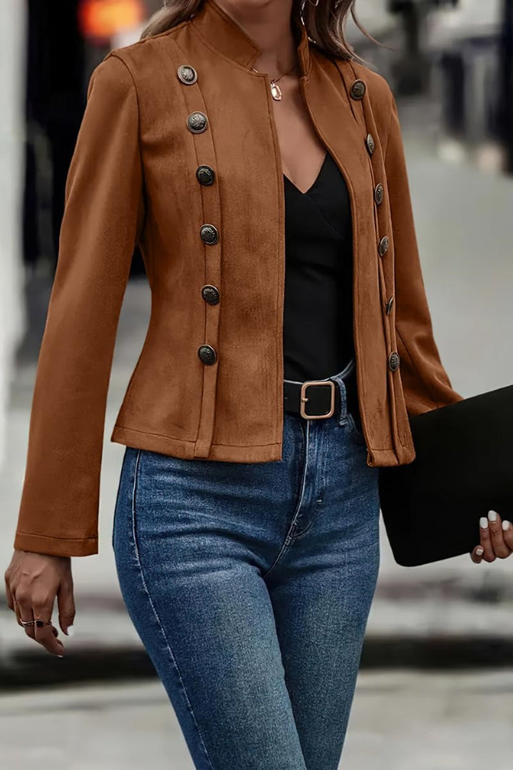 Women's Blazer Suede Imitation Fitted Cropped Jacket with Stand-up Collar