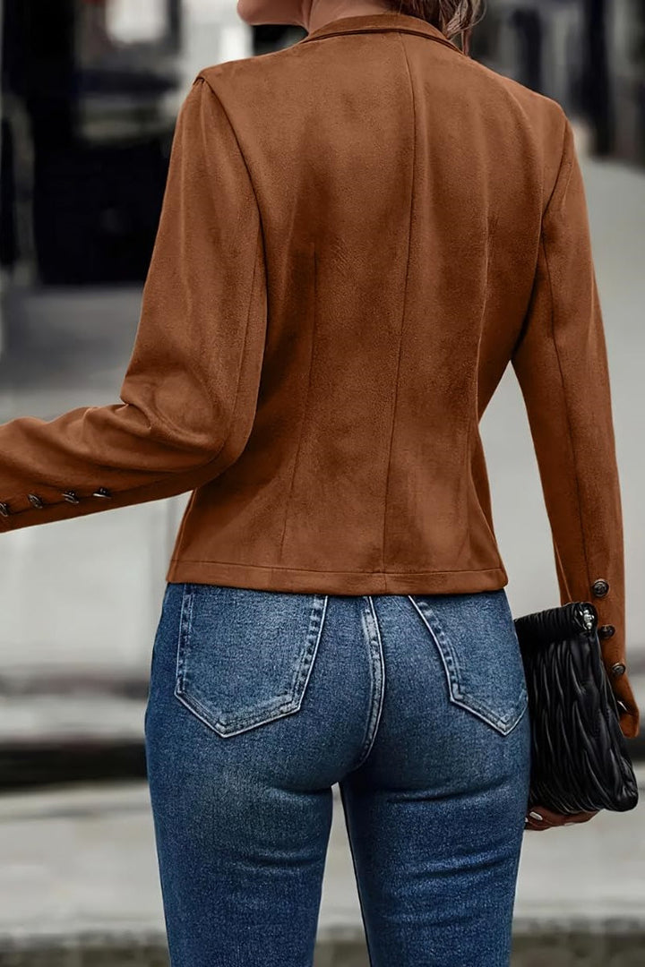 Women's Blazer Suede Imitation Fitted Cropped Jacket with Stand-up Collar