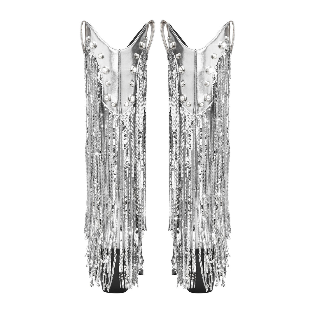 Women's cowboy boots leather boho style with fringe details and block heel