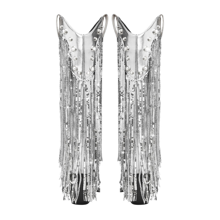 Women's cowboy boots leather boho style with fringe details and block heel