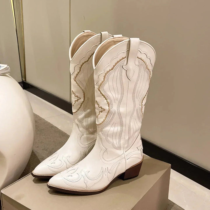Women's leather cowboy boots calf-length western style