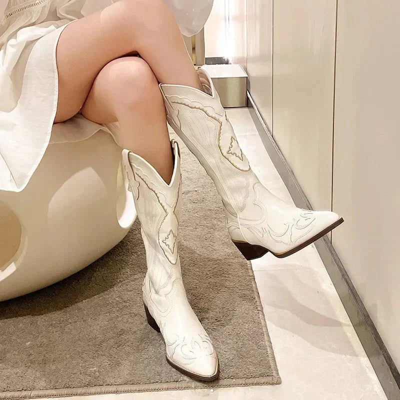 Women's leather cowboy boots calf-length western style