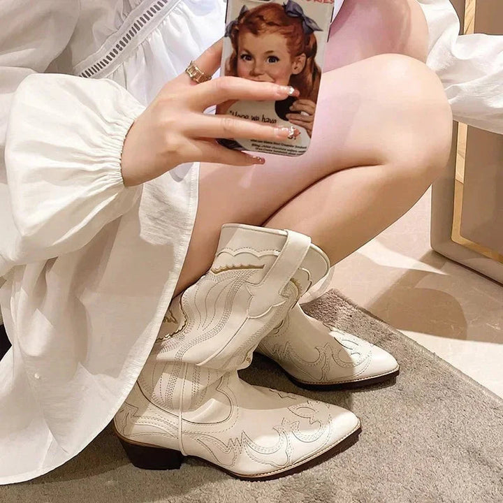 Women's leather cowboy boots calf-length western style