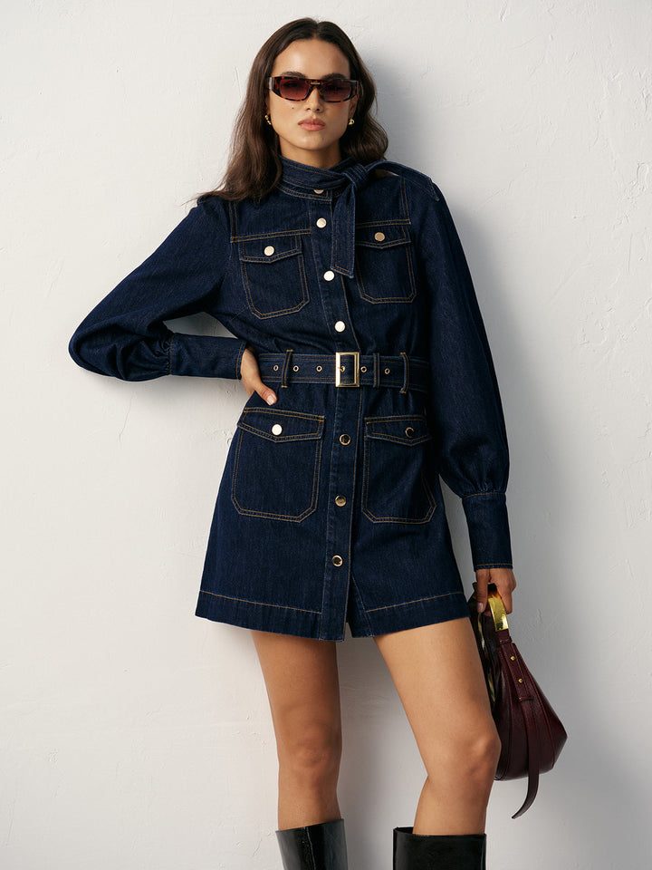 Women's Cotton Denim Dress – Short, Belt & Button Front, Denim Look