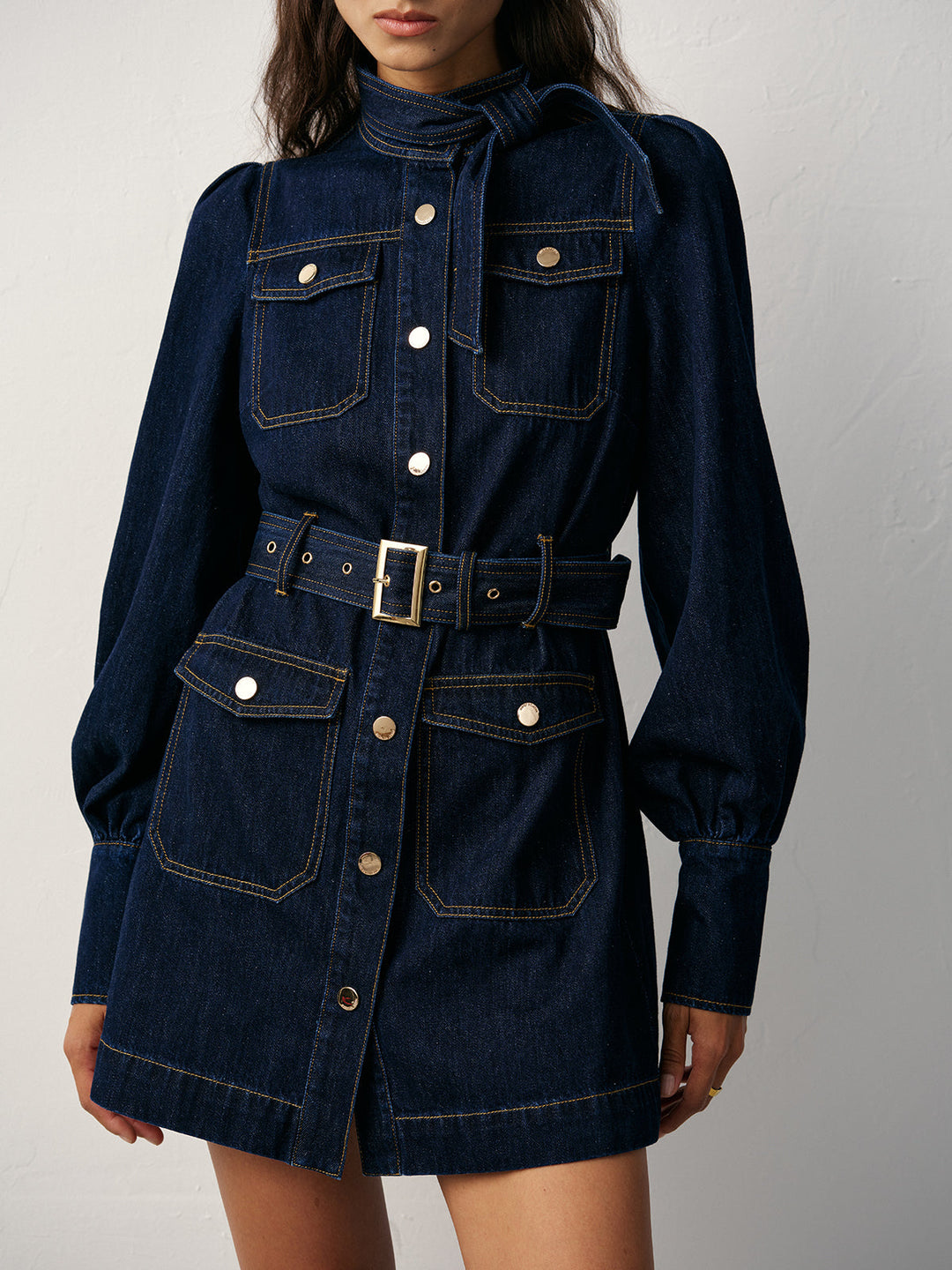 Women's Cotton Denim Dress – Short, Belt & Button Front, Denim Look
