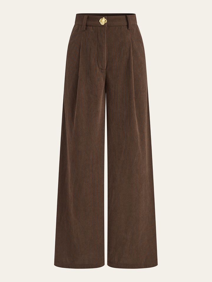 Women's Corduroy Pants – Wide Leg, Pleated Pants, Mid Waist, Elegant & Modern
