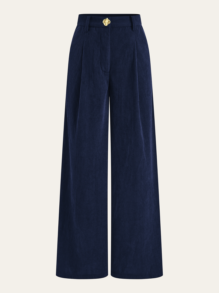 Women's Corduroy Pants – Wide Leg, Pleated Pants, Mid Waist, Elegant & Modern