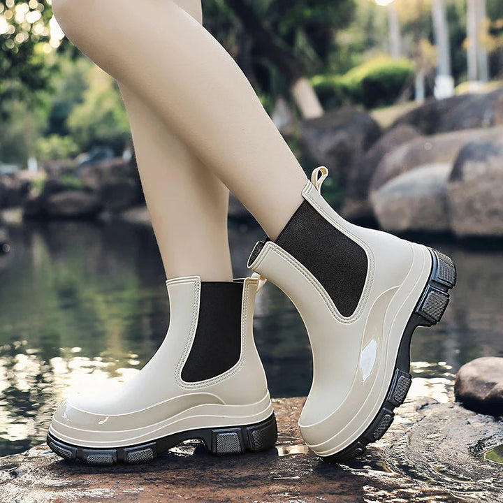 Women's waterproof rubber boots short shaft with elastic side inserts