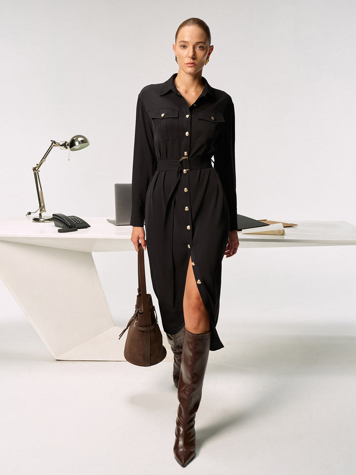 Women's Shirt Dress – Midi, Elegant with Belt & Collar, Long Sleeve