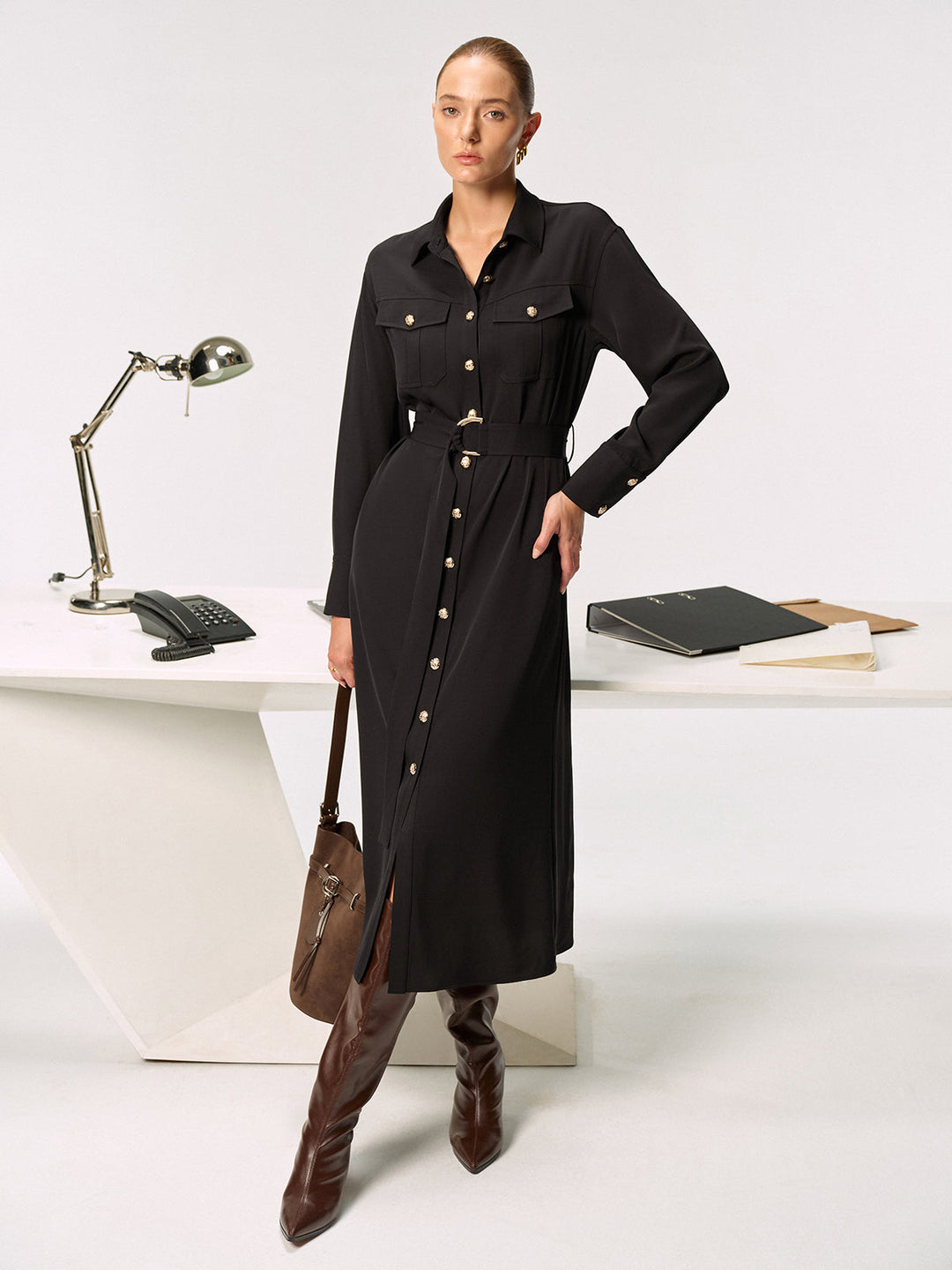 Women's Shirt Dress – Midi, Elegant with Belt & Collar, Long Sleeve